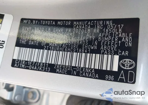 2017 Toyota Corolla Le z USA, uszkodzony, nr VIN 2T1BURHE6HC918841